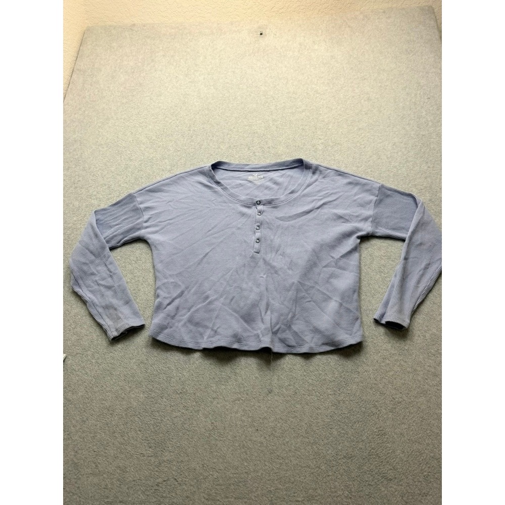 Hollister Womens Light Blue Waffle Knit Henley Long Sleeve Cropped Top Large